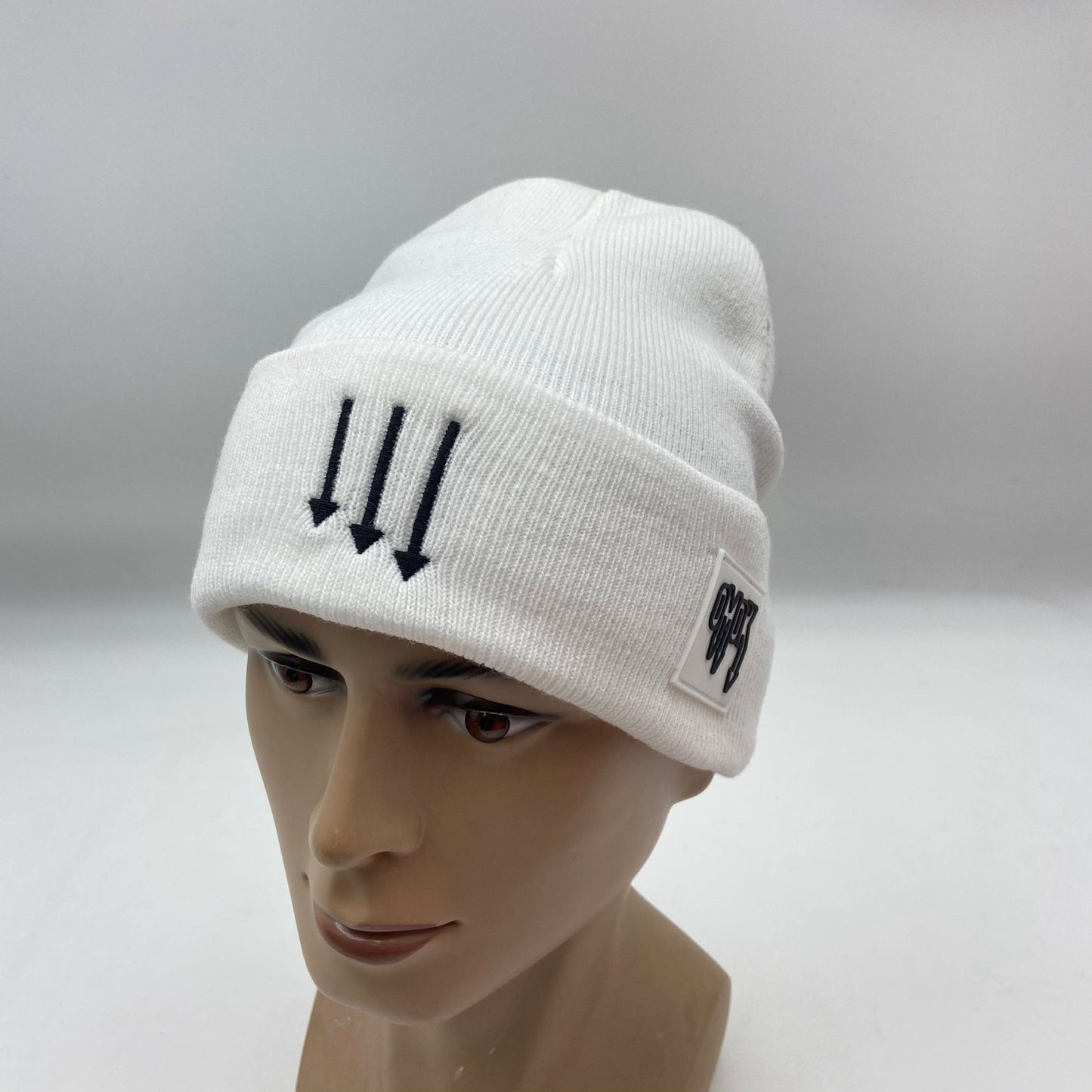 Satin Lined Rubber Patch OMOK Beanie - White