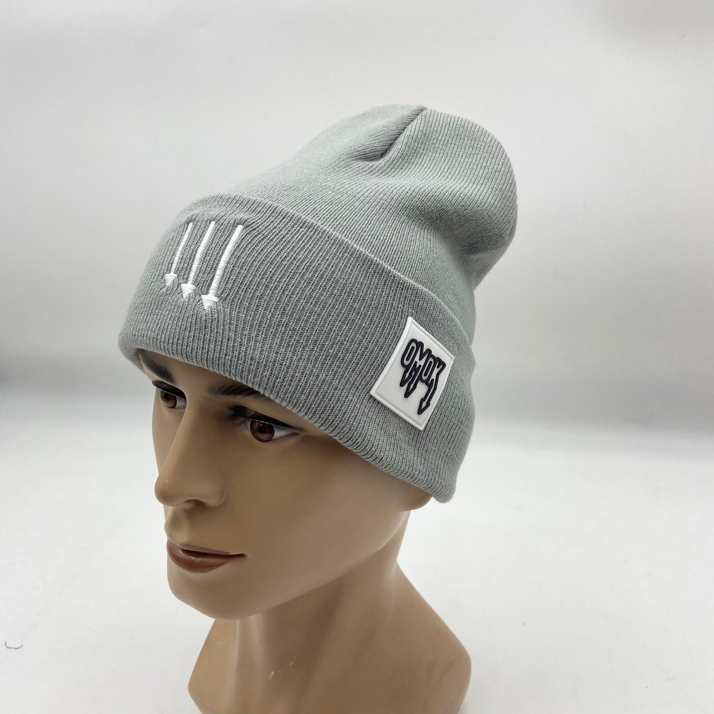 Satin Lined Rubber Patch OMOK Beanie - Cool Grey